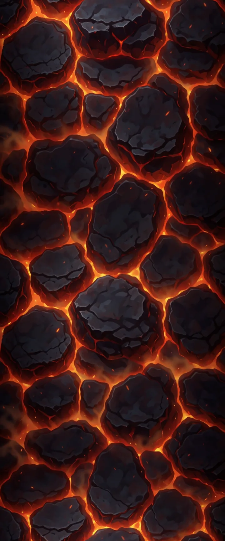 Molten fissures glowing between slabs of cooled basalt, loops top to bottom