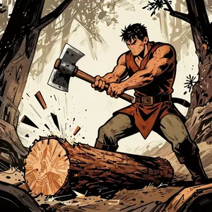 Inked comic-book lumberjack splitting a log