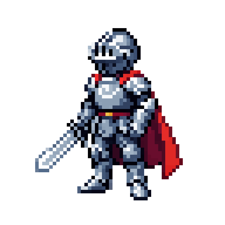 A young knight with a short sword and a flowing red cape, steel armor, standing in a confident pose, full body