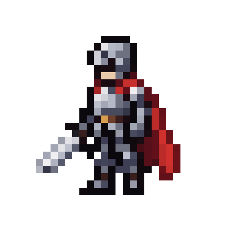 A young knight with a short sword and a flowing red cape, steel armor, standing in a confident pose, full body