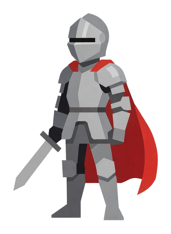 A young knight with a short sword and a flowing red cape, steel armor, standing in a confident pose, full body