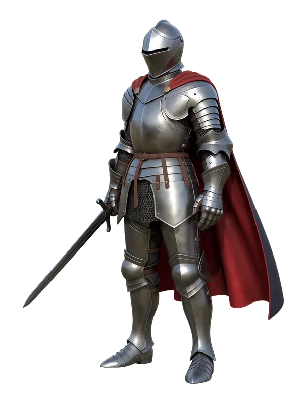 A young knight with a short sword and a flowing red cape, steel armor, standing in a confident pose, full body