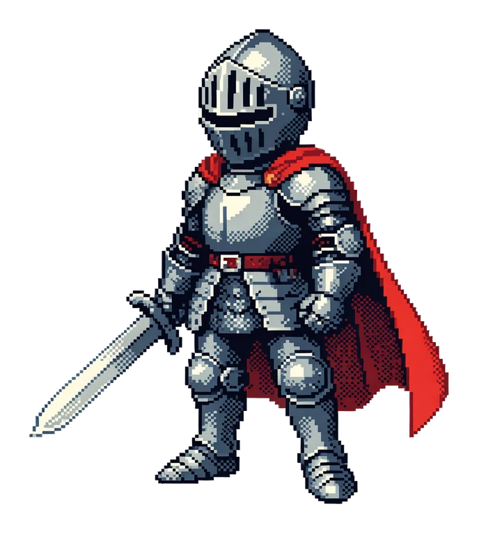 A young knight with a short sword and a flowing red cape, steel armor, standing in a confident pose, full body