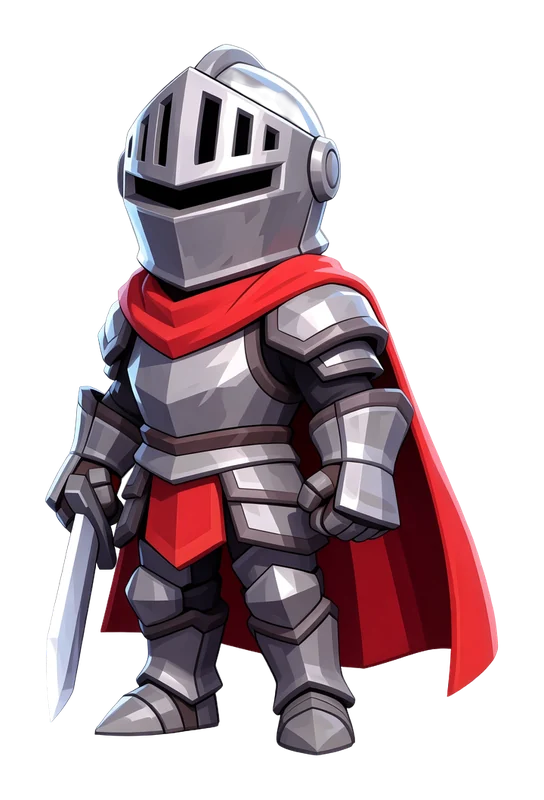 A young knight with a short sword and a flowing red cape, steel armor, standing in a confident pose, full body
