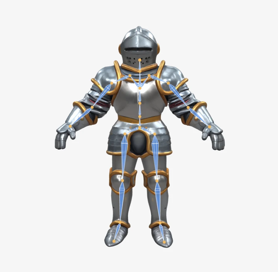 Auto-rigged 3D knight in the Ludo viewer, with the generated skeleton overlaid on the mesh