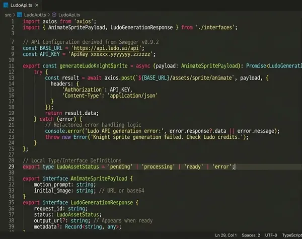 VS Code editor showing a TypeScript module (LudoApi.ts) with an axios POST call to the Ludo API's sprite-animate endpoint, plus type definitions for AnimateSpritePayload and LudoGenerationResponse.