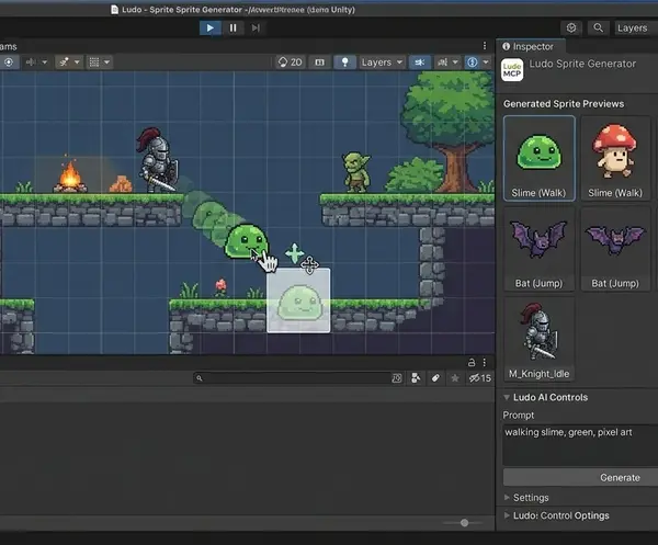 Unity editor screenshot: Scene view of a 2D platformer level with a knight, slimes, and a campfire. The Ludo Sprite Generator panel is docked on the right with generated sprite previews (slime, bat, knight) and a Ludo AI Controls prompt input.