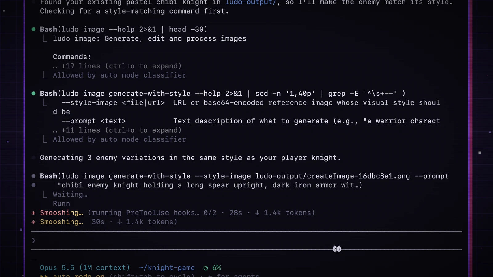 Claude Code in a terminal running ludo image commands to make enemy knights in the same style as the player's knight.