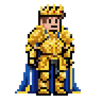 Same hero, now in golden royal armor with crown and cape
