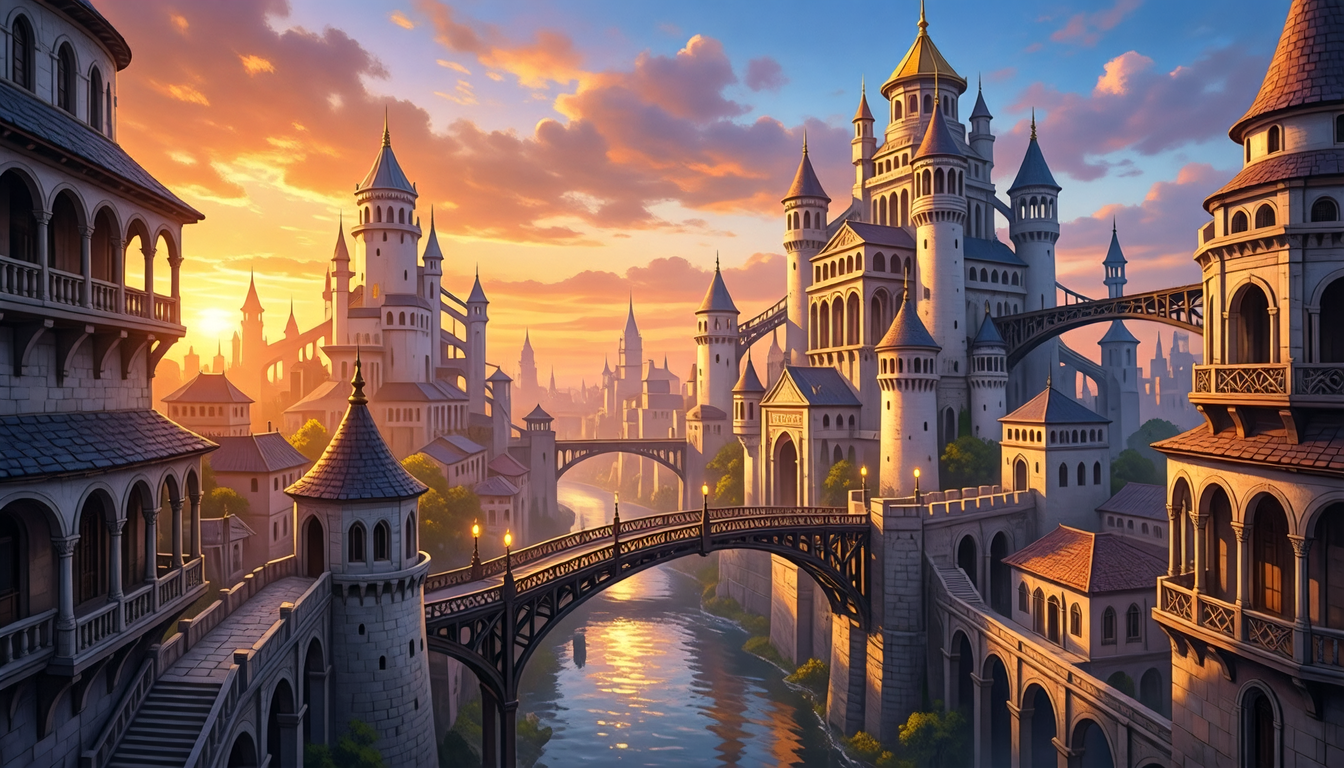 Fantasy city at golden hour